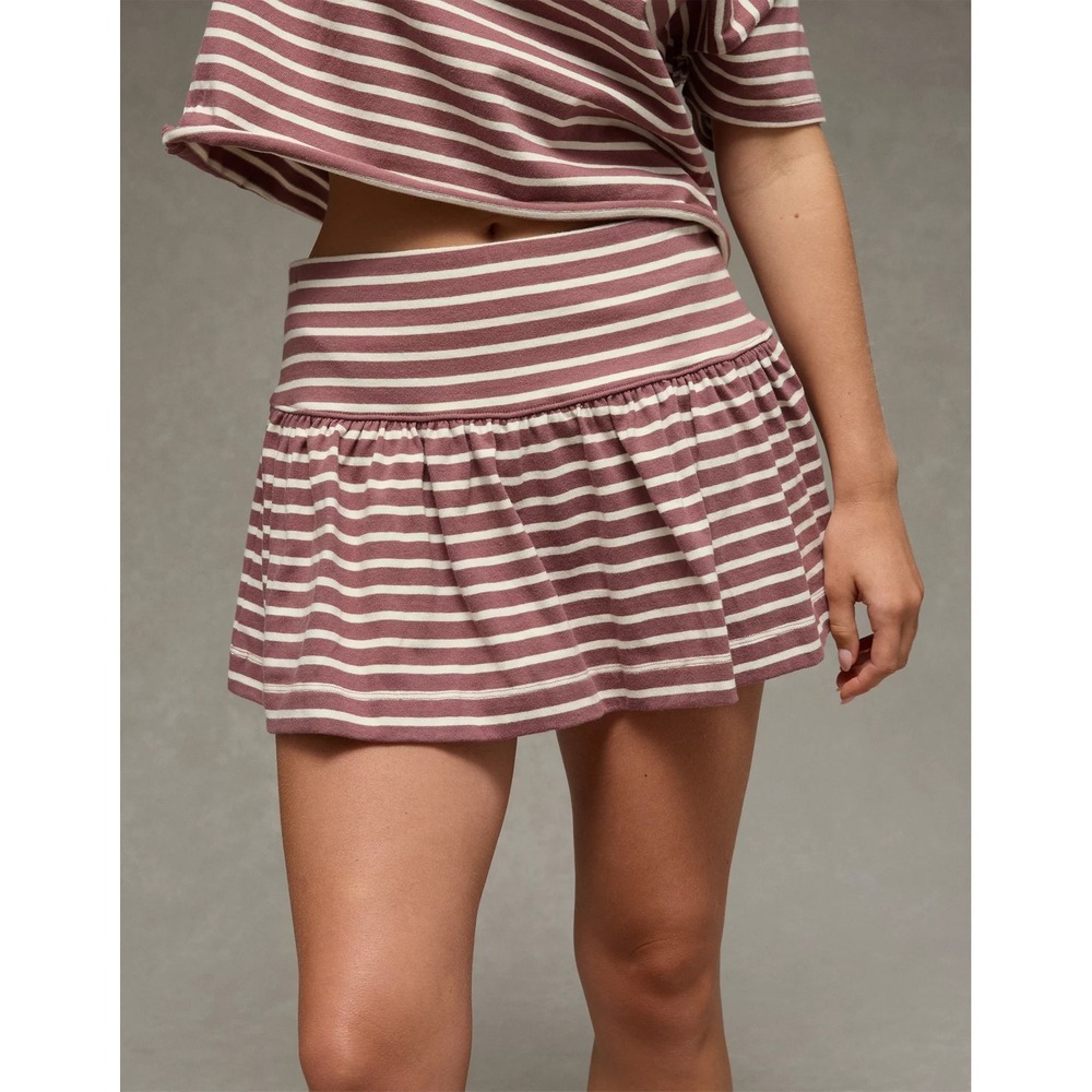 American Eagle Striped Knit Mini Skort Maroon White Cotton Ruffle Hem XL New